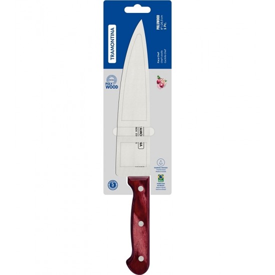 Faca Chef 8" Tramontina Polywood Com Lâmina Em Aço Inox E Cabo De Madeira Tratada